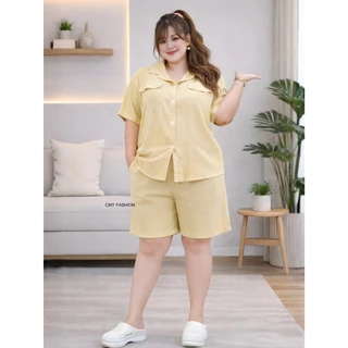 ชุดเซ็ทสาวอวบ ไซส์ใหญ่ เสื้อคอปก แขนสั้น กางเกงขาสั้น ผ้าสปันอัดลายย่น เนื้อผ้าใส่สบาย ใส่ได้ทั้งชายและหญิง cb588#