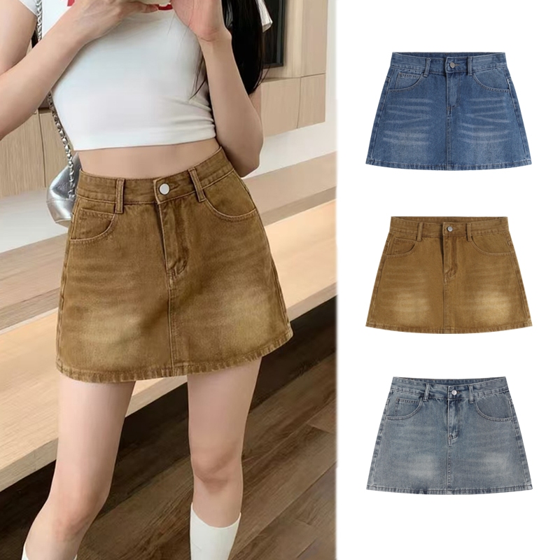 DOMI S-2XL ใหม่ กระโปรงยีนส์ ยีนส์แฟชั่น เอวสูง สั้น รุ่นเรียบ เบสิค Clothing Women ผู้หญิง