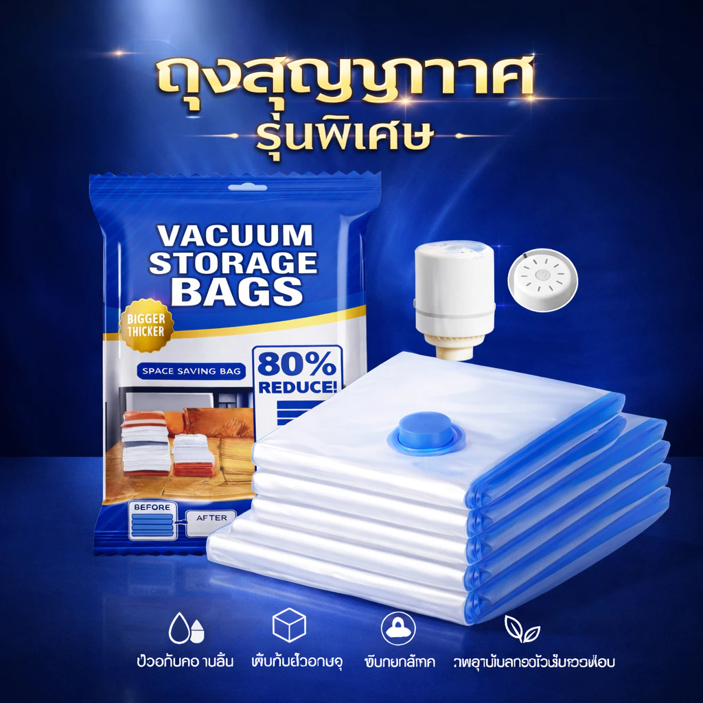 ถุงสูญญากาศเก็บเสื้อผ้า/ผ้านวม ขนาด 50x70 60x80 80x100 ซม. รุ่นหนาพิเศษ แบบใส วัสดุ PA+PE ถุงดูดอากาศ ประหยัดพื้นที่ กัน
