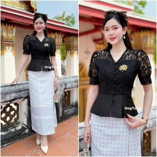 เสื้อรุ่น-ราชาวดี พวงชมพู ผ้าลูกไม้สีดำ สุดเก๋มีสไตล์ ดีไซน์น่ารักด้วยโบว์ที่ไหล่ สวยละมุน