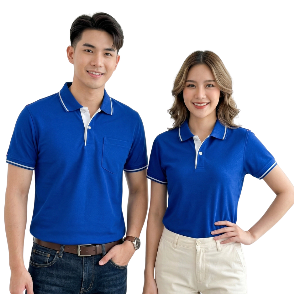 เสื้อโปโลสีน้ำเงิน ปกริ้วฟ้า polopeak