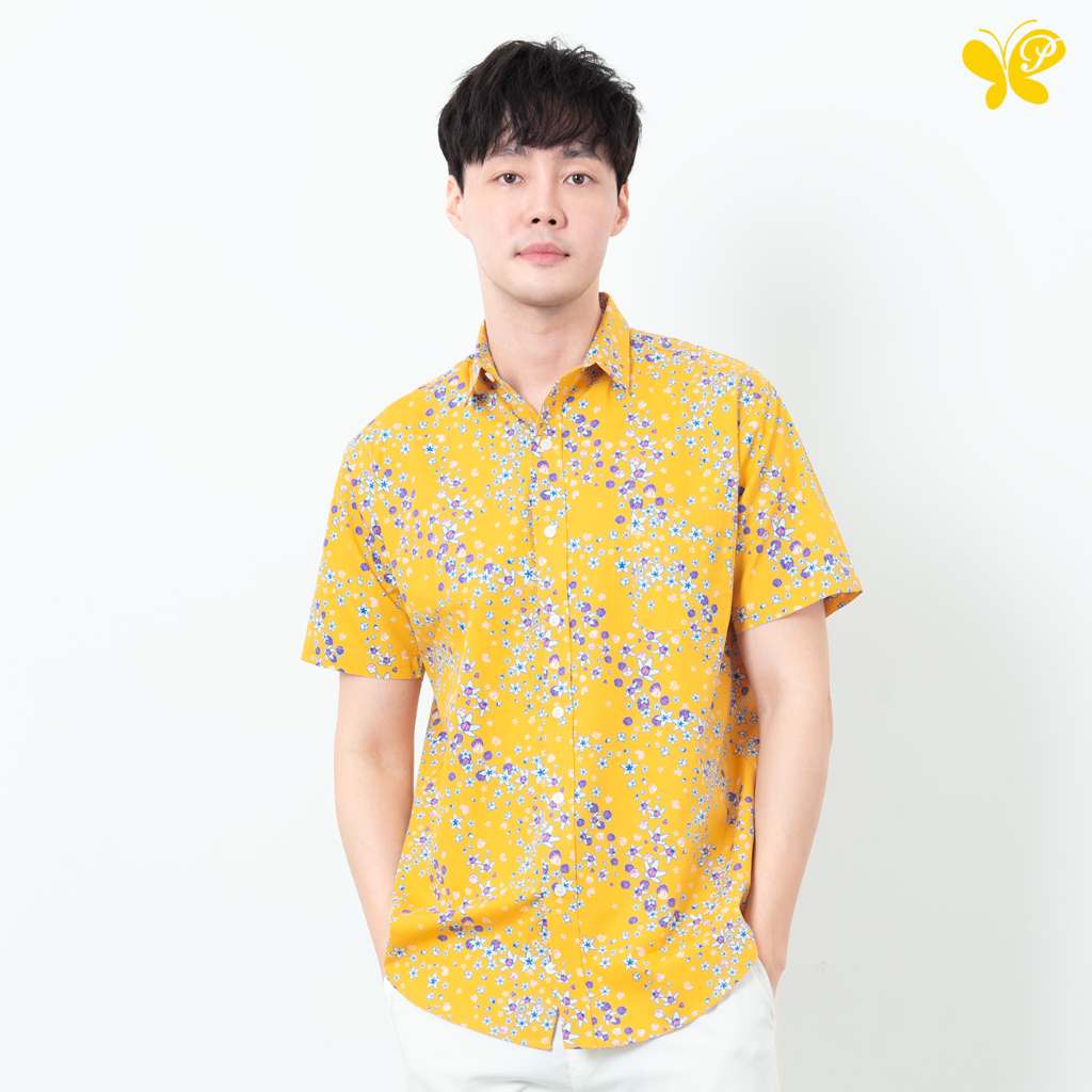 เสื้อเชิ้ตผู้ชาย [Papillon] Men Classic Fit Shirt ทรงคลาสสิก ผ้า Cotton 100% นุ่มใส่สบาย พิมพ์ลายดอกไม้ไทย(Eternal Love)