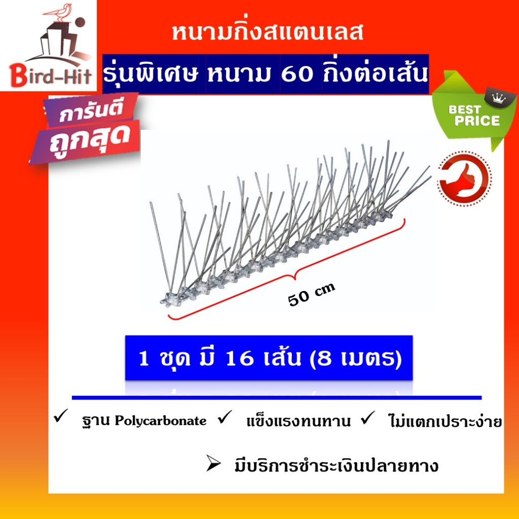 หนามกันนก​ ไล่นก​ หนามฐานโ​พลี​คาร์บอเนต​ รุ่นพิเศษ​ หนาม​ 60​ กิ่งต่อเส้น​ จำนวน​ 80 เส้น​