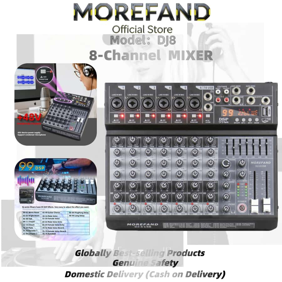 MIXER-DJ8 AUDIO MIXER มาพร้อมกับ Equalizer 99DSP Effecter รองรับการเล่น Bluetooth / USB / MP3