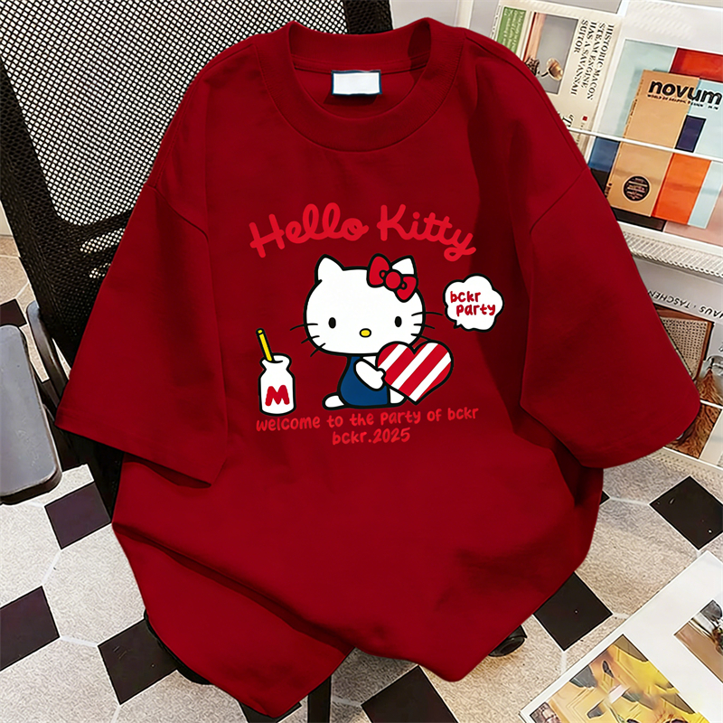 มาใหม่ ลายการ์ตูนคิตตี้ เสื้อยืดแขนสั้นคอกลม แฟชั่นเกาหลี ผ้าฝ้ายแท้ oversize 3.9