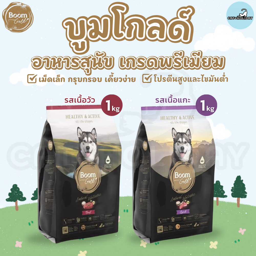 [ ถุง 1kg ] อาหารสุนัข Boom Gold บูมโกลด์ อาหารเม็ดสุนัข เกรดพรีเมียมจากเนื้อสัตว์แท้ เม็ดเล็ก เคี้ยวง่าย โปรตีนสูง