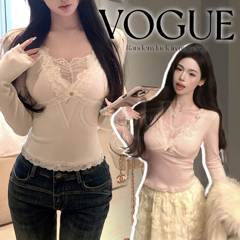 Vogue🌟พร้อมส่ง🌟 เสื้อแฟชั่นผู้หญิง แขนยาว คอวีดีเทลขอบลูกไม้ สไตล์รัดรูป สีพาสเทล สวมใส่สบาย (FY5065)