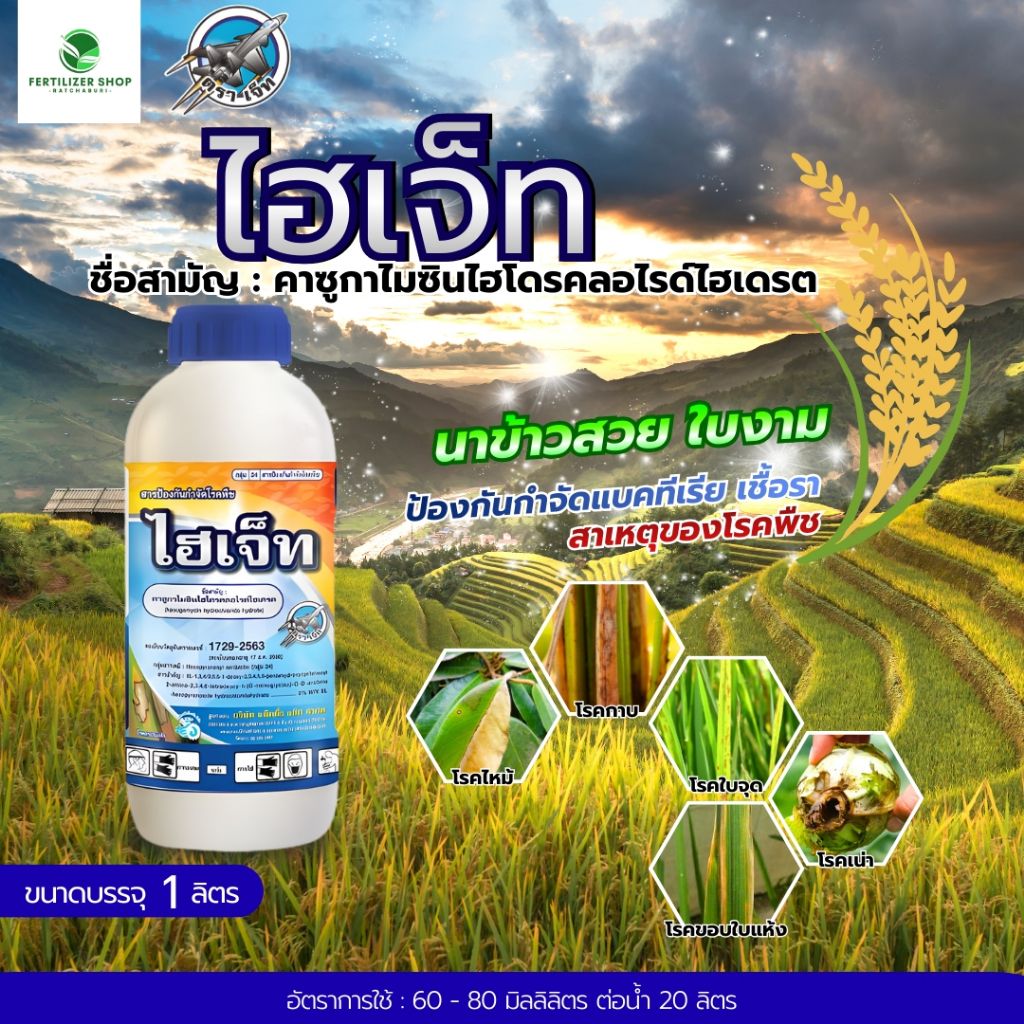 ไฮเจ็ท คาซูกาไมซินไฮโดรคลอไรด์ไฮเดรด 2%SL เชื้อราและแบคทีเรีย ขอบใบแห้ง (ขนาด 1 ลิตร) แพ็กกิ้งแอก