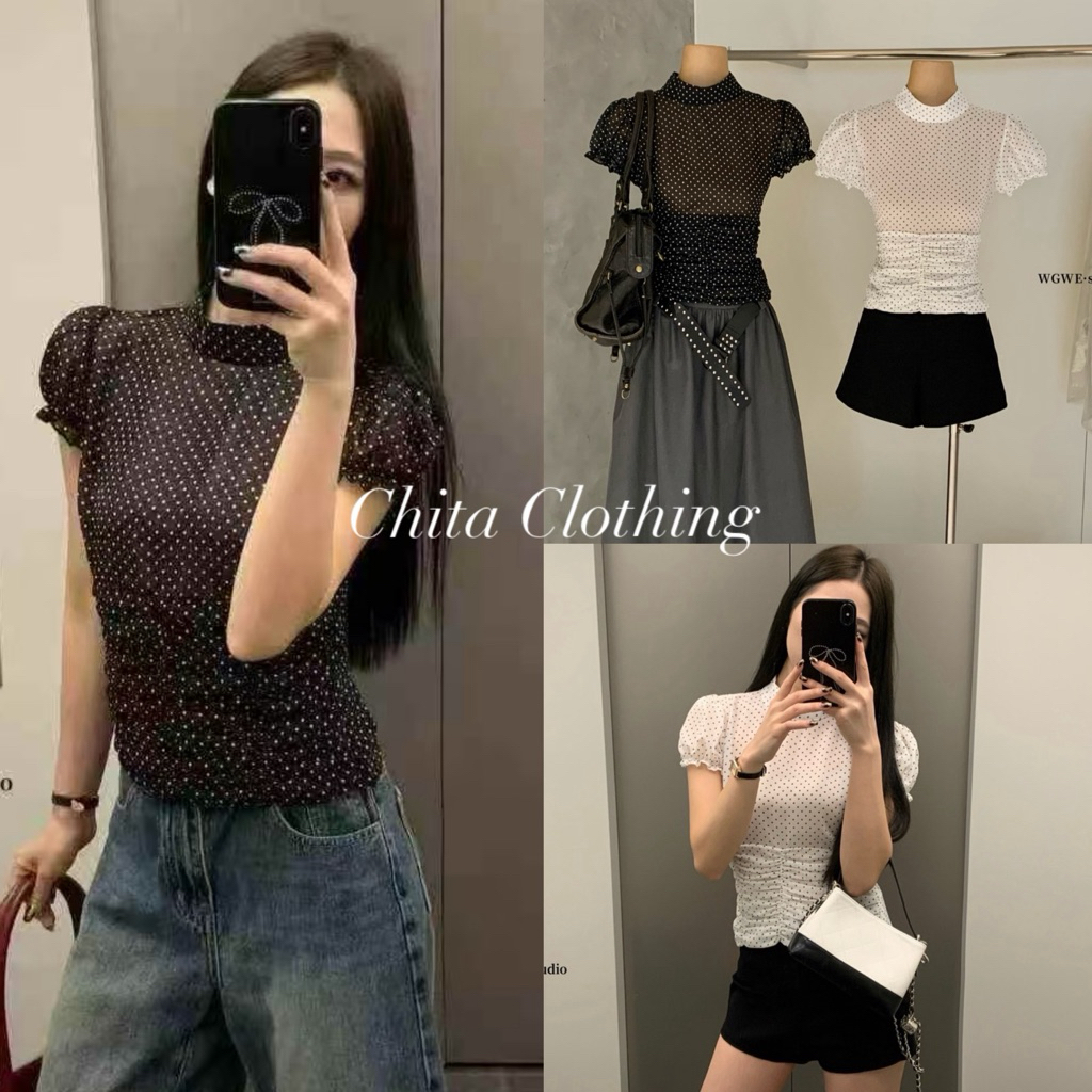 📍พร้อมส่ง📍8825💌 เสื้อแขนสั้นลาย polka dot งานมีซิปข้าง เนื้อผ้าชีฟองอย่างดี ทรงสวย TAG:WG.WE 🇰🇷