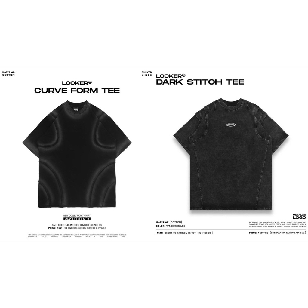 LOOKER® - DARK STITCH TEE เสื้อยืดสีดำฟอกโลโก้ Metallic - CURVE FORM TEE (เสื้อยืดเคิร์ฟว)