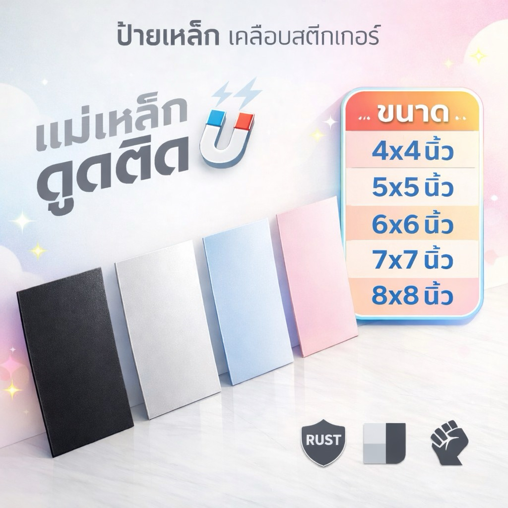 ป้ายเหล็ก 4x4นิ้ว 5x5นิ้ว 6x6นิ้ว7x7นิ้ว8x8นิ้วแผ่นเหล็กที่แม่เหล็กดูดติดได้ หุ้มผิวด้วยสติกเกอร์อย่างดี ไม่มีกาวในตัว)