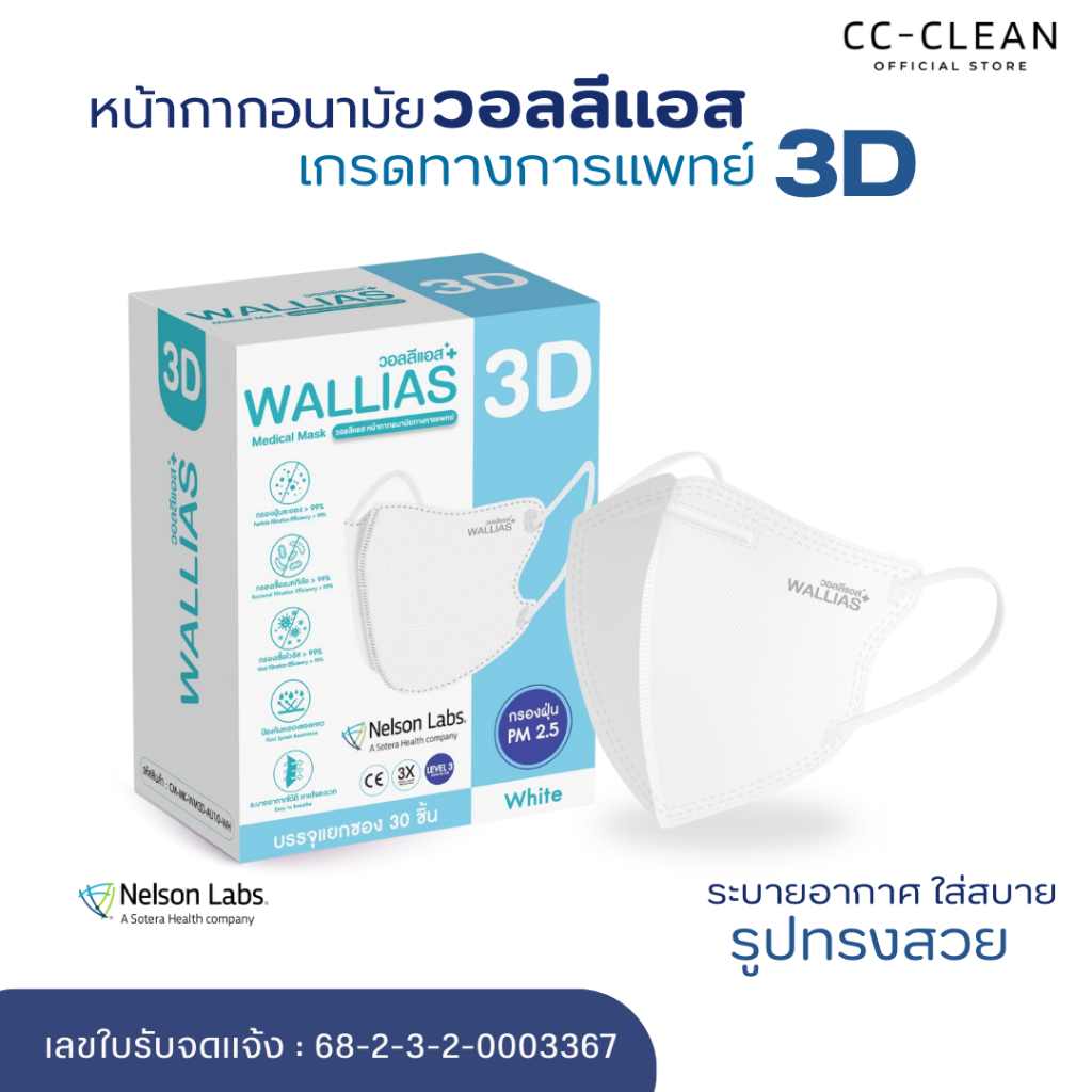 [ใหม่!]WALLIAS วอลลิแอส Medical Mask หน้ากากอนามัยทางการแพทย์ 3D ผู้ใหญ่ ป้องกันฝุ่นPM2.5 ดีเยี่ยม กรองไวรัสและแบคทีเรีย