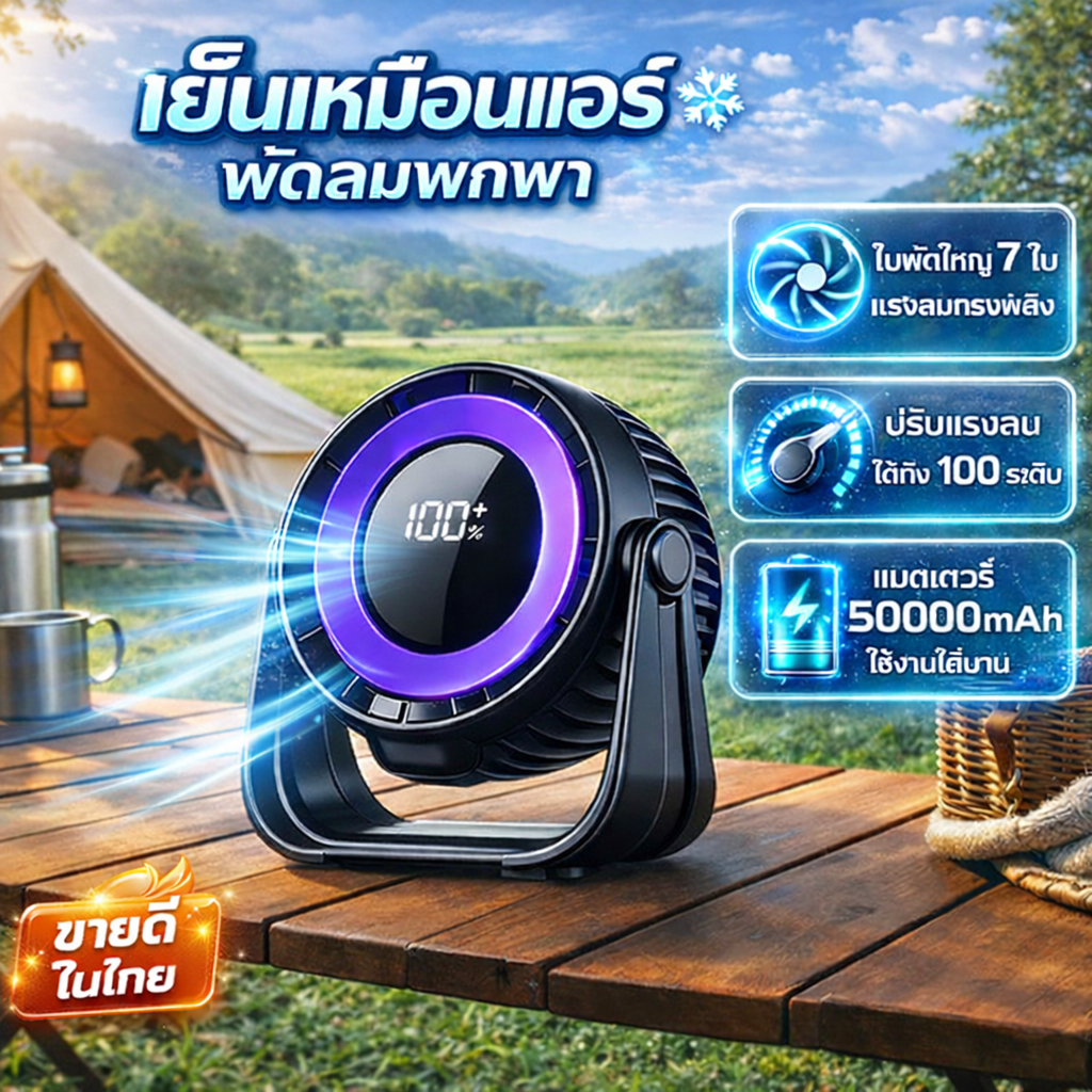 【รับประกัน20ปี】พัดลมตั้งโต๊ะ พัดลมพกพา  ปรับมุมได้360 มีไฟกลางคืน ตั้ง แขวน หรือห้อยได้ พัดลม พัดลมไร้สาย Desktop Fan
