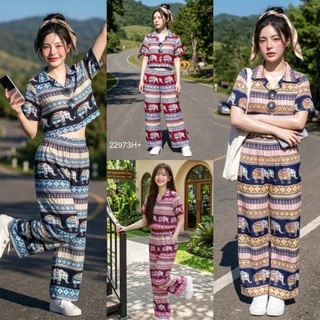 set ลายช้าง 2 ชิ้น เสื้อเชิ้ตแบบครอป + กางเกงขายาวลายช้าง TT22973