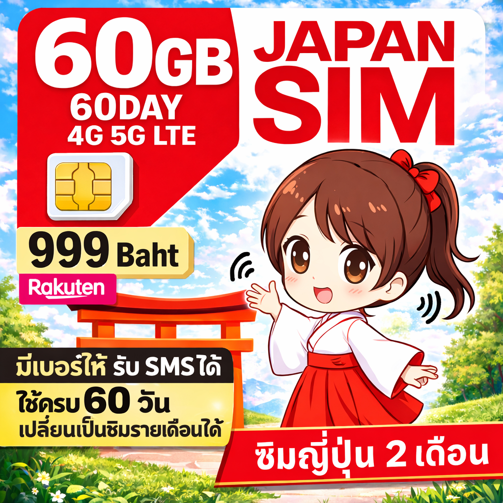 ซิมญี่ปุ่น Japan Sim Rakuten 60GB/2 เดือน | เบอร์ญี่ปุ่น | รับ sms | ซิมใช้ที่ญี่ปุ่น 2 เดือน | ซิมร