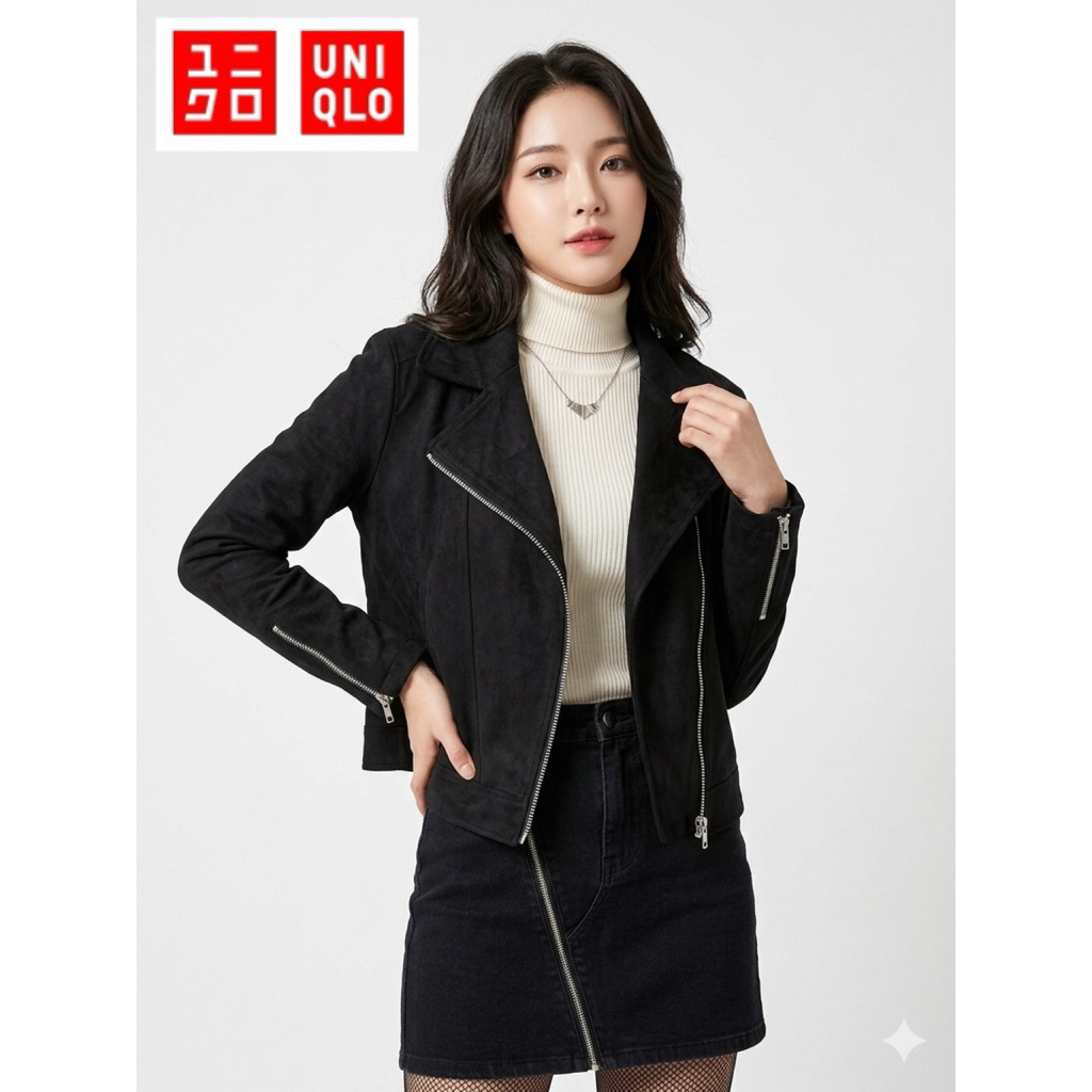 Uniqlo Biker Riders Jacket เสื้อแจ็คเก็ตหนังกลับผู้หญิง อก38/ยาว22 เสื้อไม่หนามากใส่หน้าร้อนได้