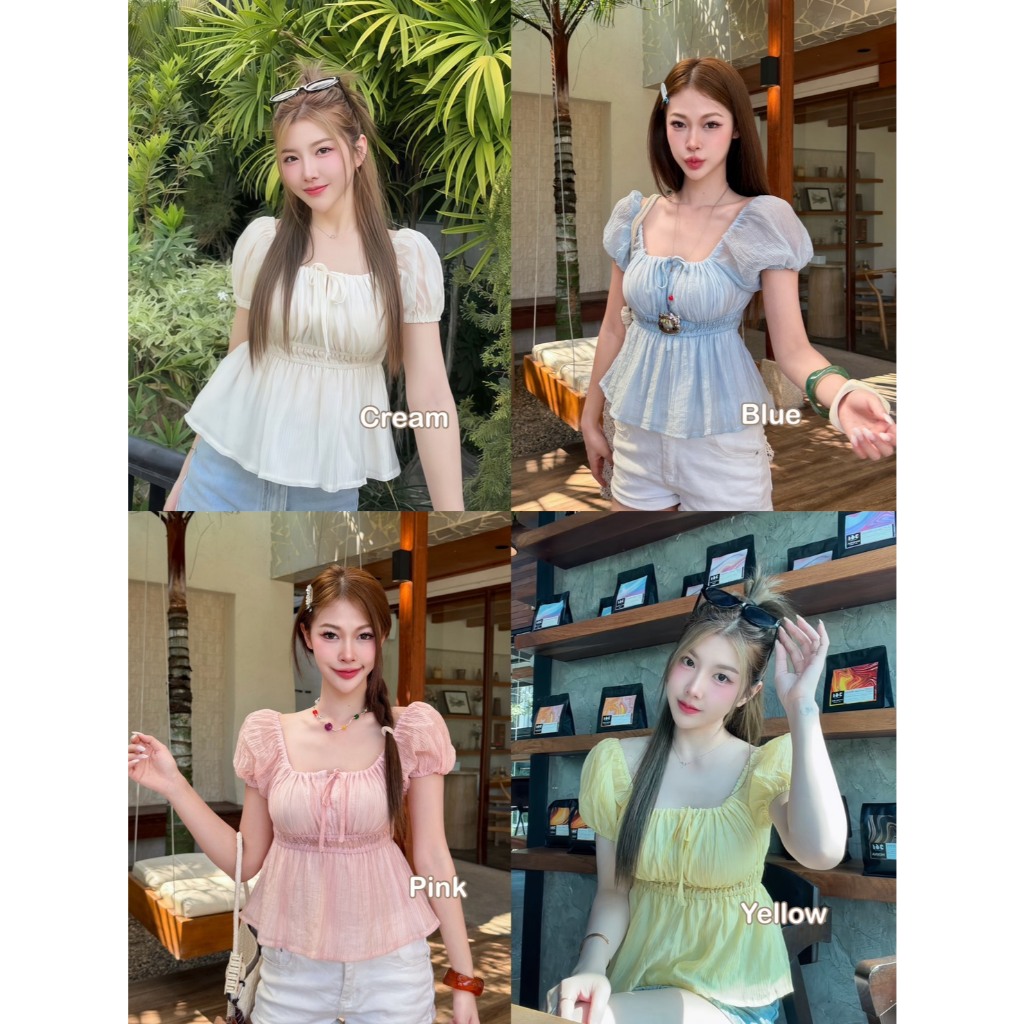 เสื้อแขนตุ๊กตาสม็อคอกผูกโบว์ด้านหน้ามีซับใน