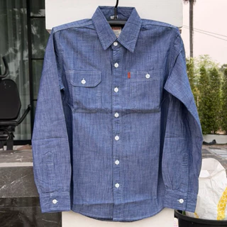 เสื้อแชมเบ้ป้ายส้มกระดุมดำ เสื้อแชมเบ้ เสื้อเชิ้ตป้ายส้ม