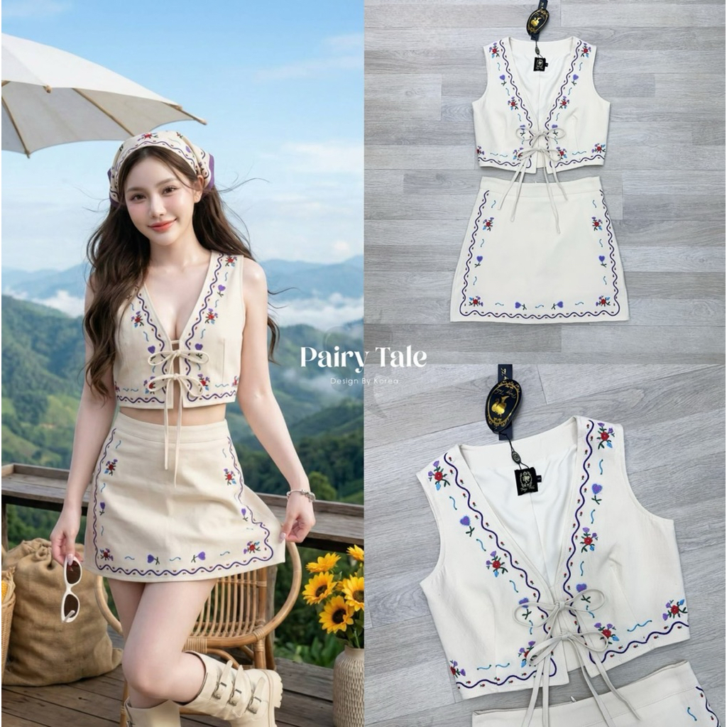 [PAIRY TALE] Set เสื้อแขนกุดผูกโบว์หน้า แมตกระโปรง(ซับกางเกง) ผ้าสีครีมปักลายโทนม่วง
