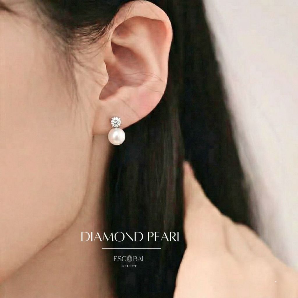 ESCOBAL ต่างหูเงิน Diamond Pearl ต่างหูแฟชั่น ต่างหูเงินแท้ฝังเพขร ตุ้มหูไข่มุกขาว ต่างหูผู้หญิง