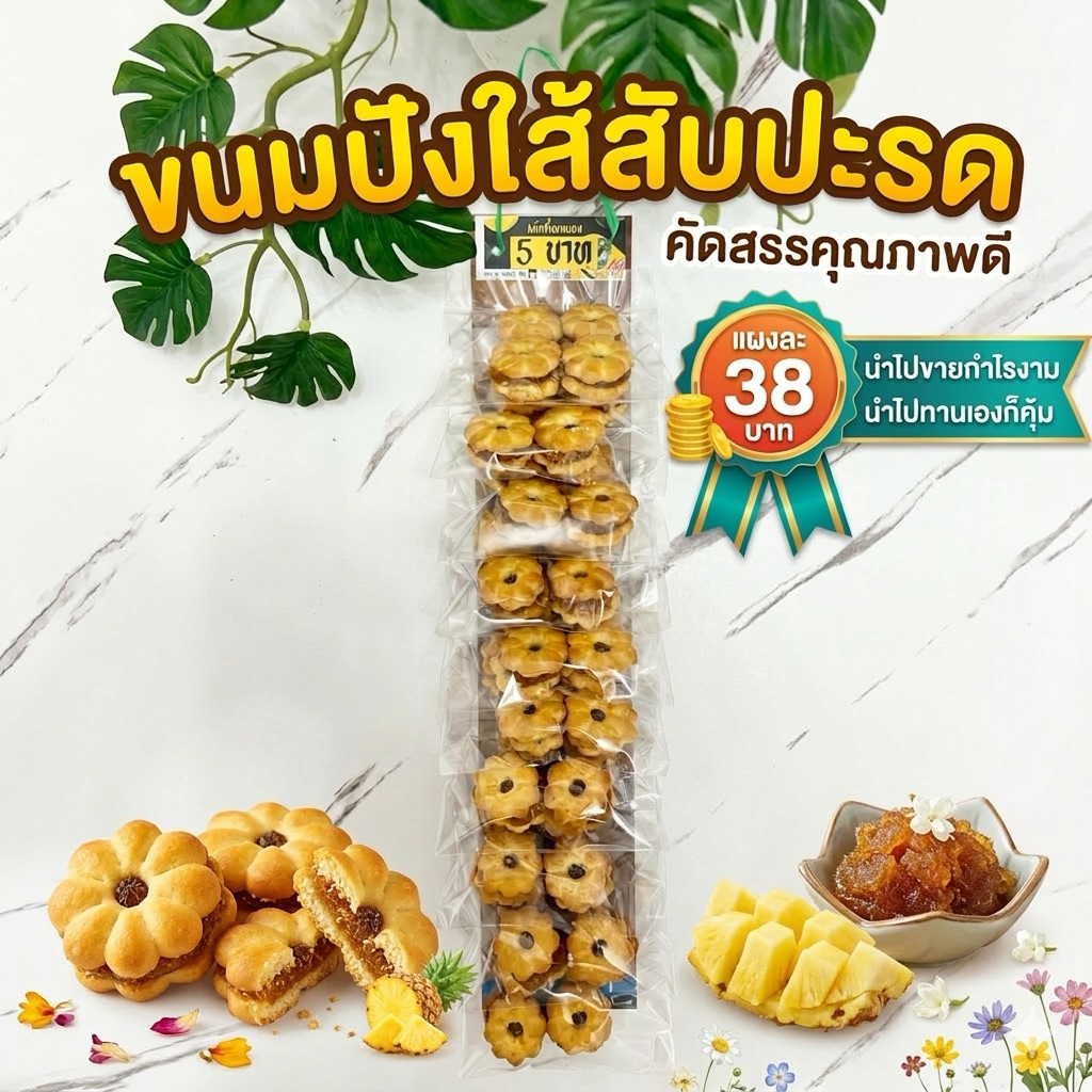 ขนมปังไส้สับปะรด ขนมแผง 38 บาท มีทั้งหมด 10 ชิ้น อร่อยคุ้มค่าราคาสบายกระเป๋า