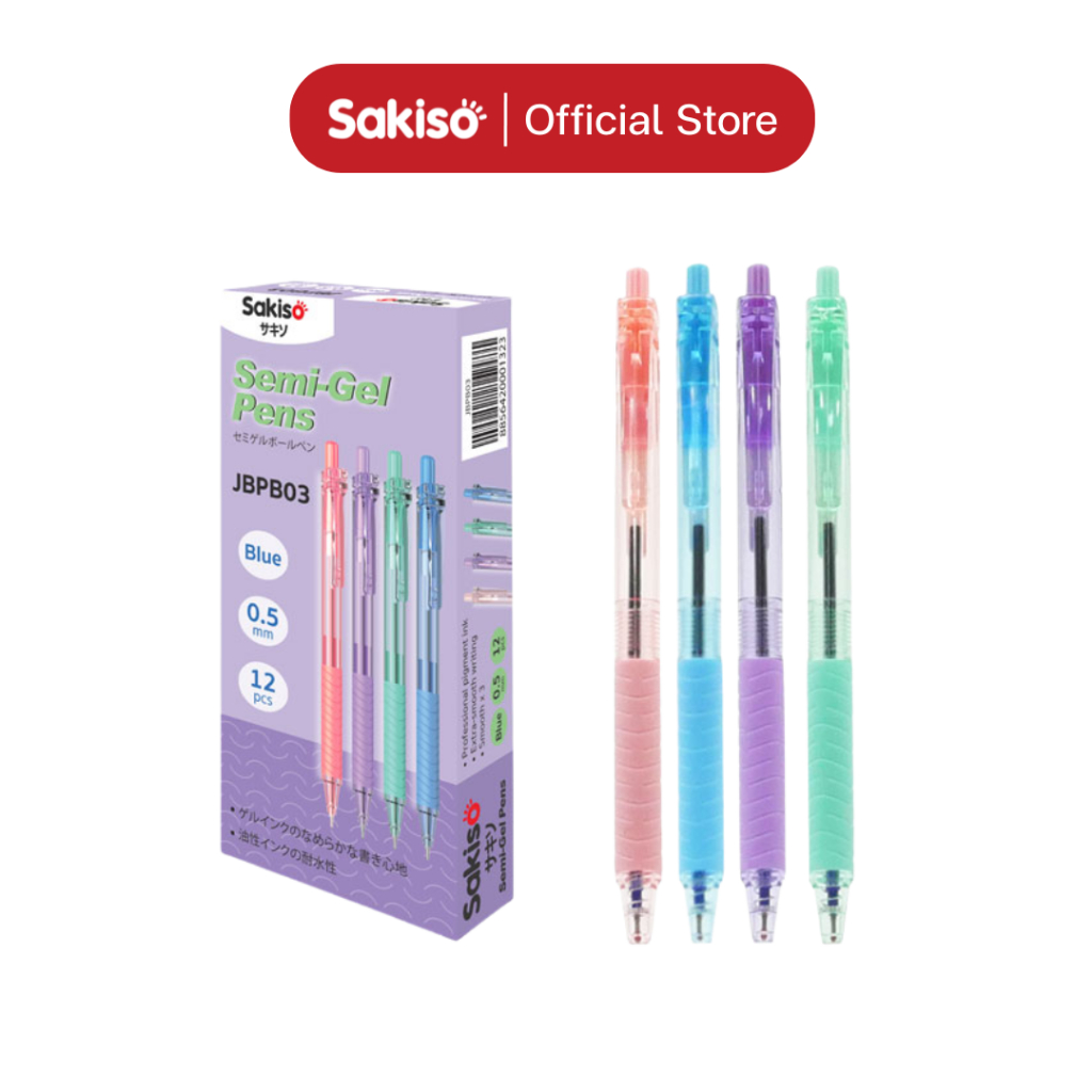 Sakiso [ยกแพ็คสูงสุด 12 ด้าม] ปากกาลูกลื่นหมึกน้ำมัน JBPB03 Semi-Gel หัว 0.5 mm. หมึกน้ำเงิน