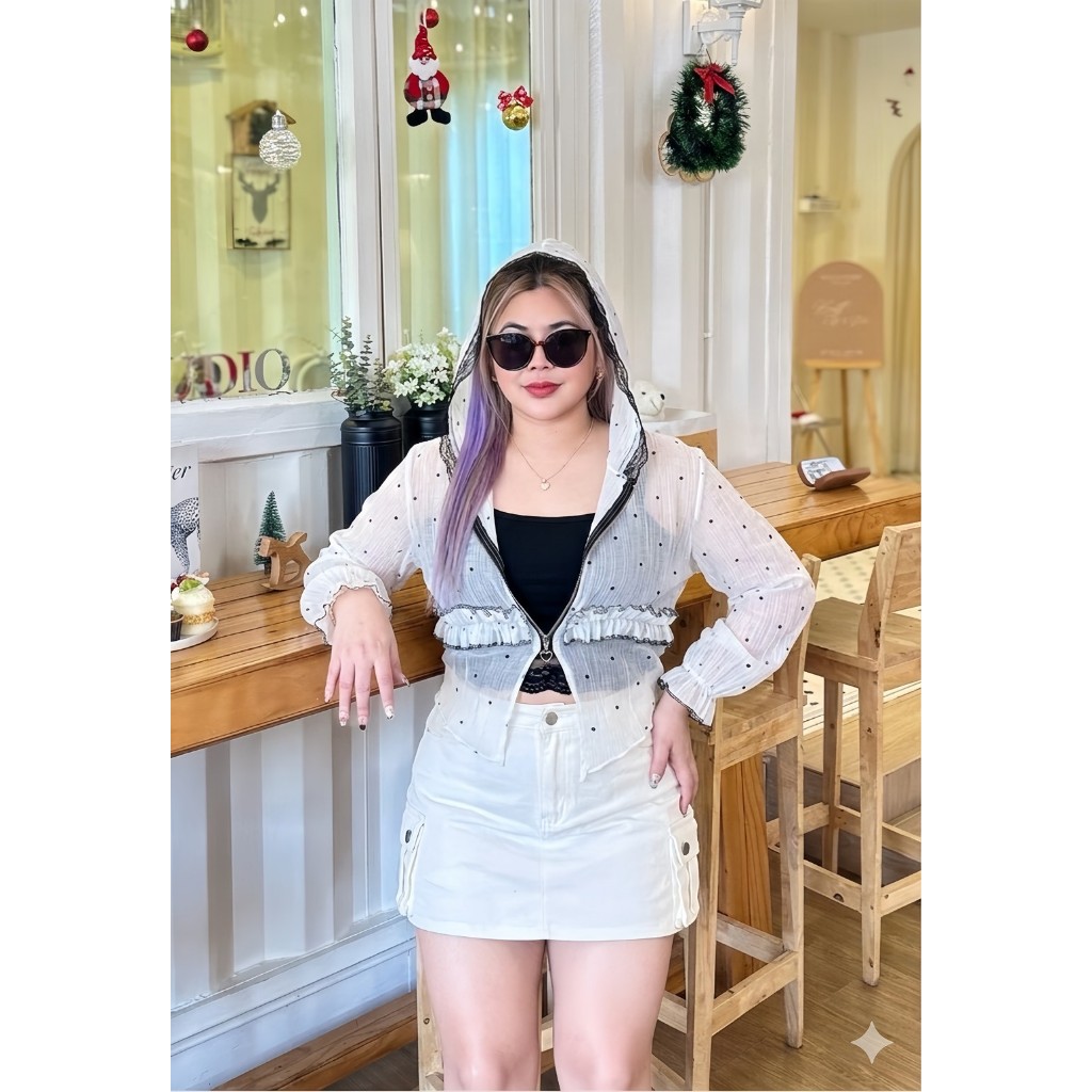 เสื้อฮู้ดโรซี่ งาน 2 ชิ้น มีสายเดี่ยวด้านในแต่งซิปขอบลูกไม้