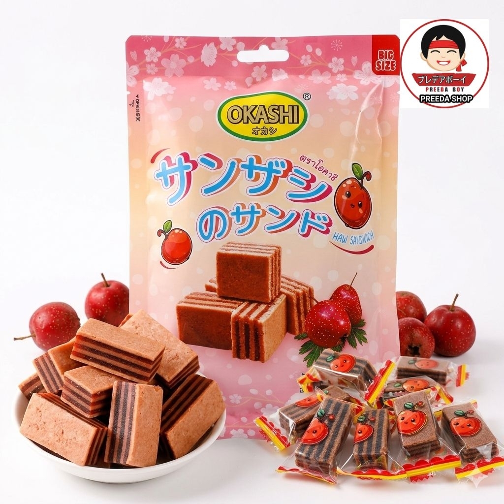 เซียงจา ฮอร์ชนิดแผ่น สอดไส้ ตราโอคาชิ Okashi Haw Sandwich บ๊วยผลไม้ ขนาดบรรจุ 128 กรัม. 041202
