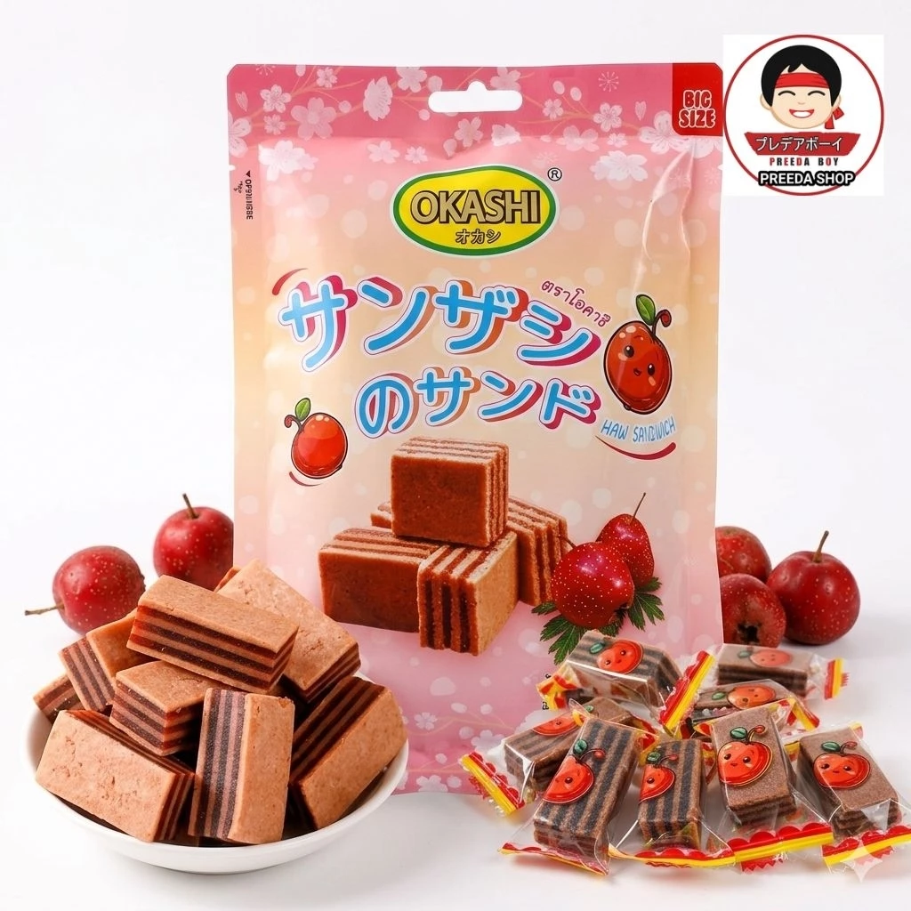 เซียงจา ฮอร์ชนิดแผ่น สอดไส้ ตราโอคาชิ Okashi Haw Sandwich บ๊วยผลไม้ ขนาดบรรจุ 128 กรัม. 041202