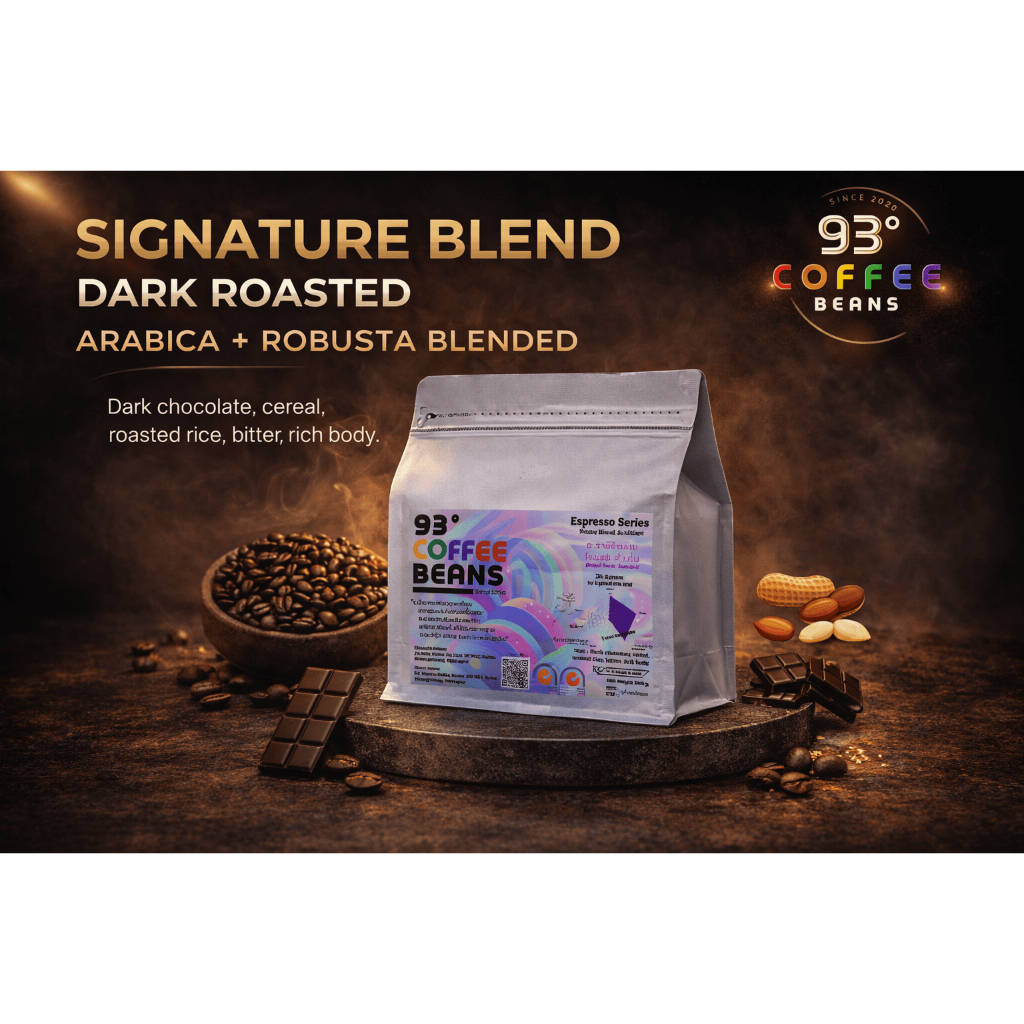 เมล็ดกาแฟคั่วเข้ม อะราบิก้า ผสม โรบัสต้า Dark Roast 250g/500g | Signature Blend Coffee Beans | 93 De