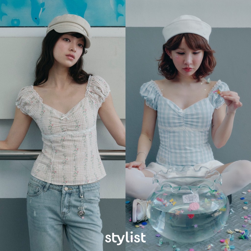 เสื้อปาดไหล่แขนตุ๊กตา Stylist Luna-007 ลาย Gingham สวยหวานทุกโอกาส