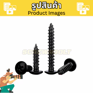 น็อต สกรู หัวร่ม หัวกระทะ แฉก T+ สแตนเลส 304 ชุบดำ เกลียวปล่อย M5 M6