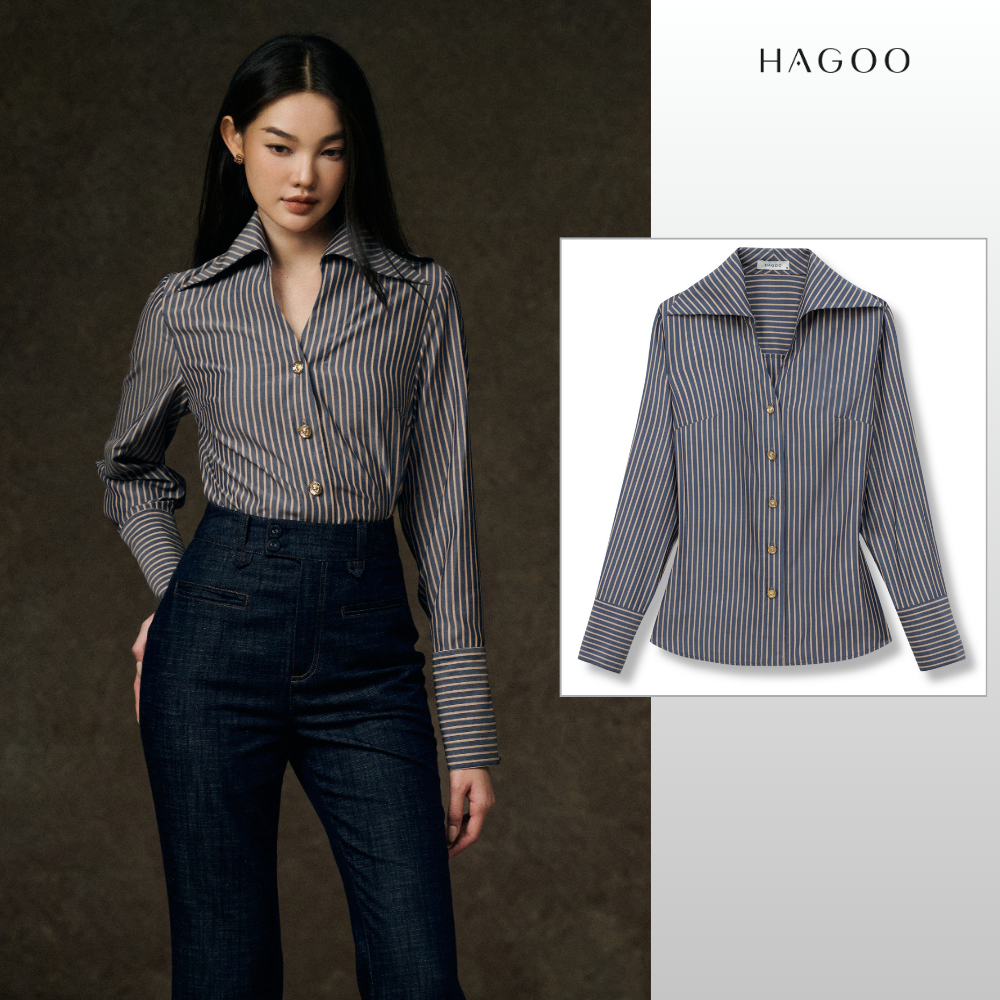 HAGOO เสื้อเชิ้ตผู้หญิง ลายทาง คอปก ทรงหลวม ลุคทำงานเรียบหรู [A8088]