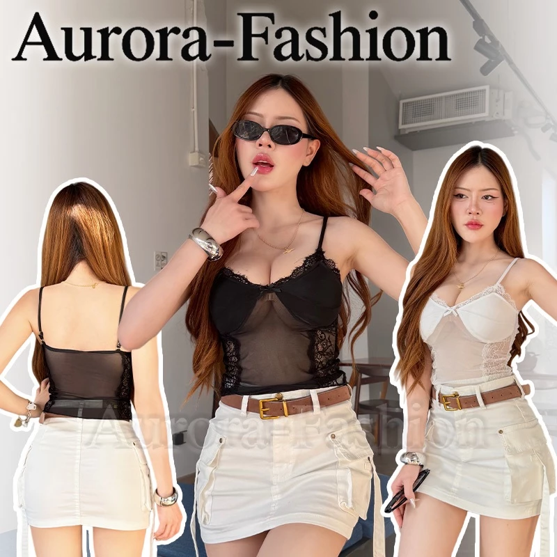 Aurora 🛒พร้อมส่ง🚚 (รูปถ่ายจากงานจริง) เสื้อสายเดี่ยวผู้หญิง รายละเอียดลวดลายลูกไม้ ผ้าบางโปร่ง สไตล์เซ็กซี่