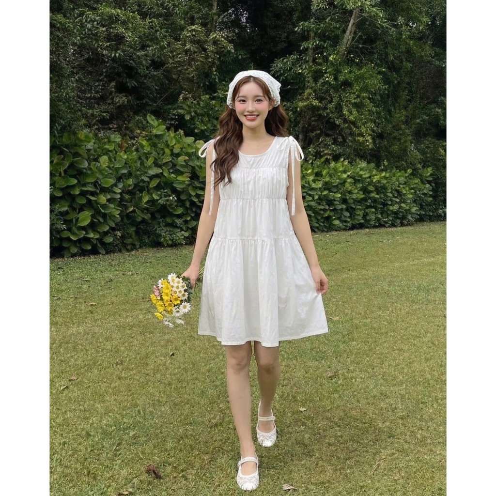 Mila Dress เดรสสม็อคหน้า แต่งโบว์ที่ไหล่ทั้งสองข้างสไตล์เกาหลี Milad