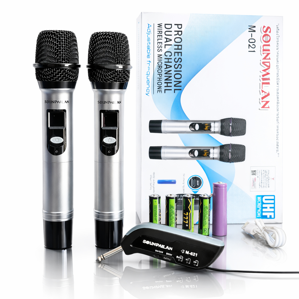 Soundmilan รุ่น M-621 ไมค์ลอยคู่ คลื่น UHF ด้ามเงินอย่างหรู Wireless Microphone  ไมโครโฟน ไมค์