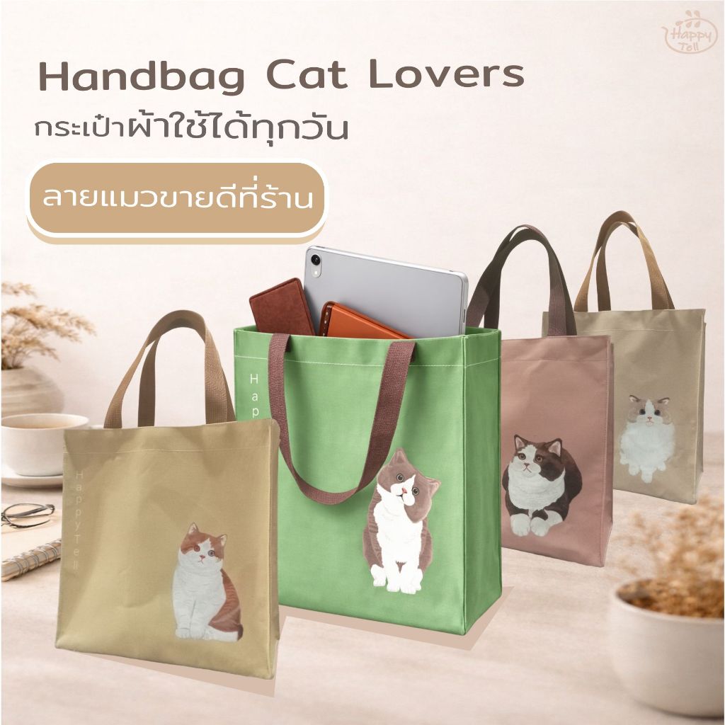 กระเป๋าผ้าลายแมว HappyTell  Handbag Cat Lovers  ใส่ iPadได้ ลายแมวน่ารัก กระเป๋าผ้าใช้ทุกวัน set 2