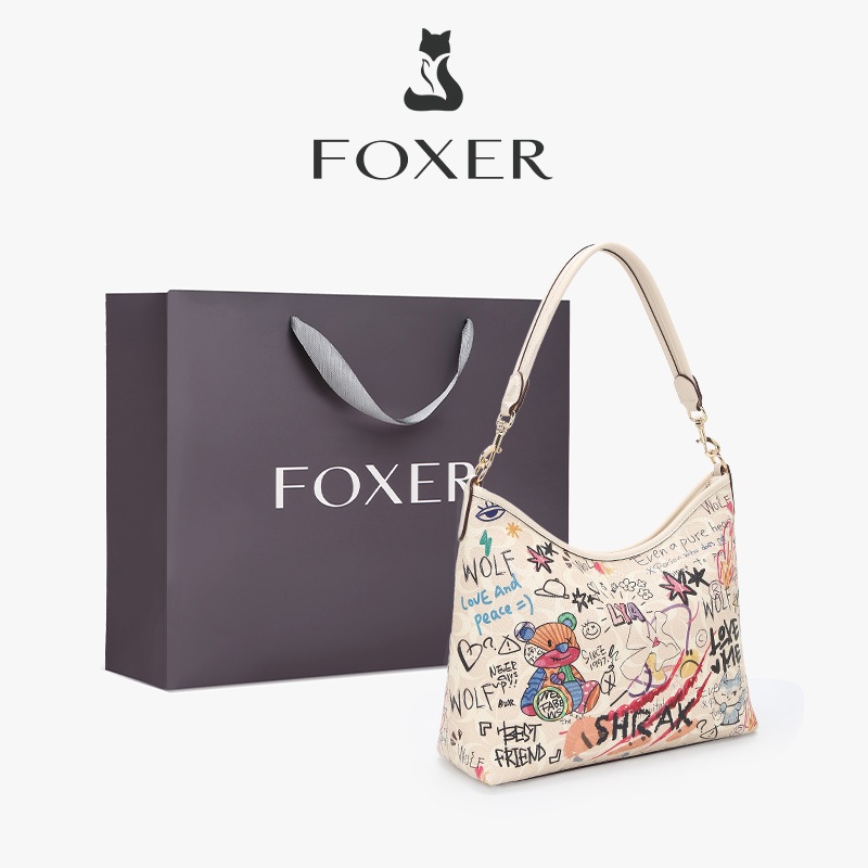 FOXER กระเป๋าสะพายข้างผู้หญิง ลายหมีน้อยกราฟฟิตีแฟชั่นความจุใหญ่ กระเป๋าโท้ทกระเป๋าช้อปปิ้ง