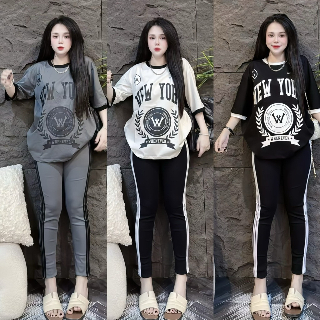 ชุดเซ็ต เสื้อตัว W กางเกงขาเดฟแต่งแถบข้าง