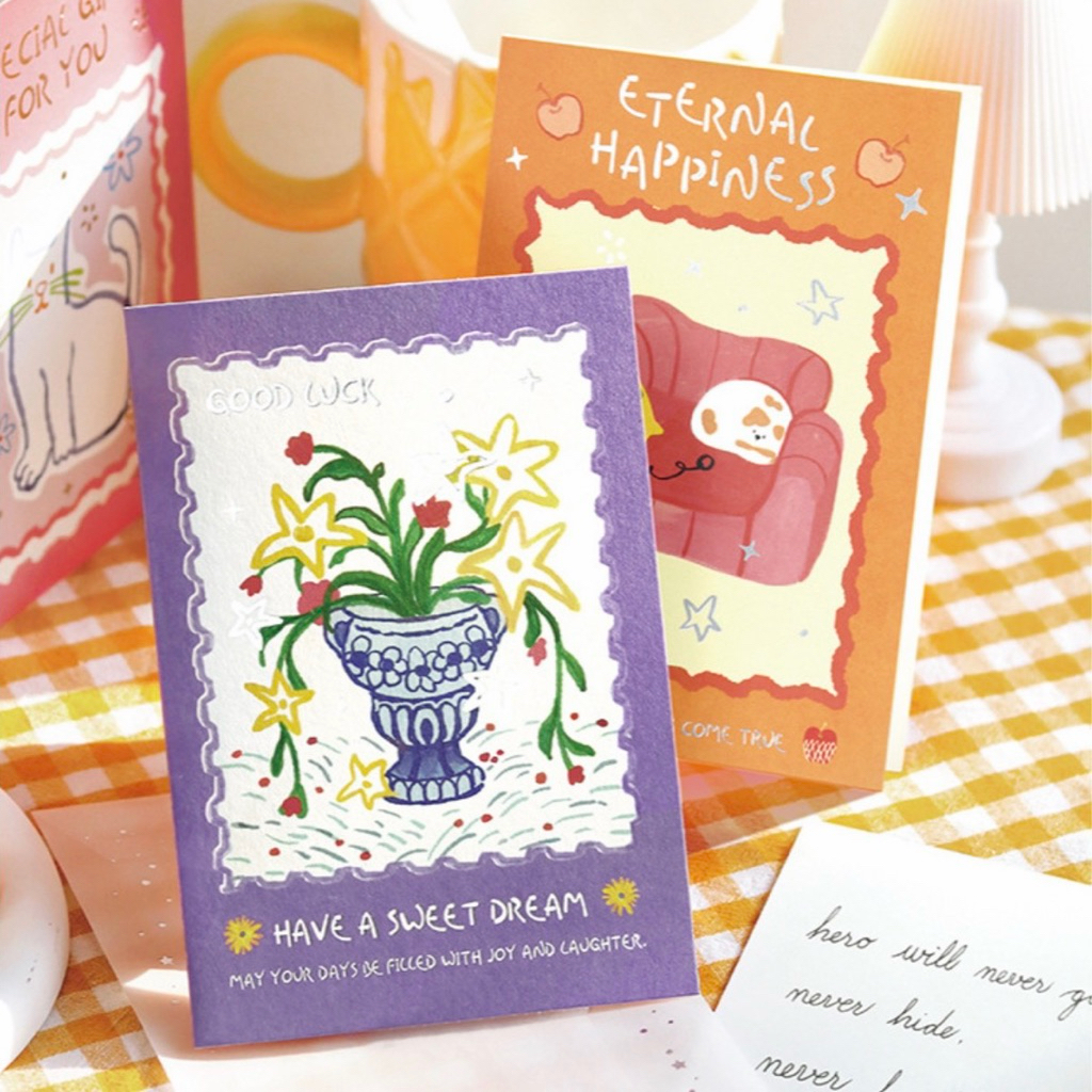 มี4แบบ > การ์ดอวยพร ลายแสตมป์ พร้อมซองกระดาษไขสีขาวพิมพ์ฟลอยด์ทอง (C 24)