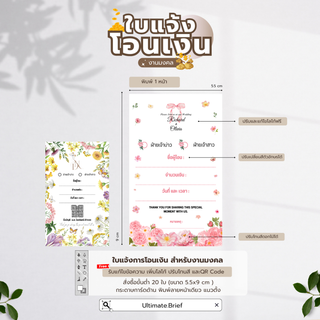 การ์ดใบแจ้งการโอนเงินงานมงคล แก้ไขข้อความฟรี