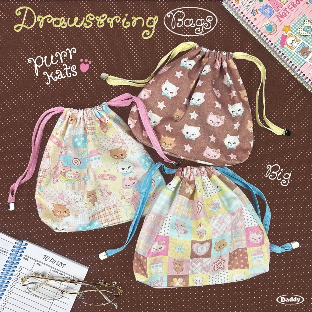 DADDY | Purrkats Drawstring Bag ( Big ) กระเป๋าผ้าหูรูด ใบใหญ่ สุดน่ารัก