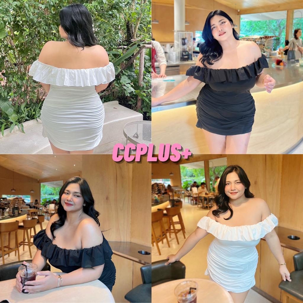 CiCi Plus+(3358) เดรสสั้นปาดไหล่ ดีเทลจั้มข้าง สีพื้น เข้ารูป สไตล์เรียบหรูดูแพง สาวพลัสไซส์