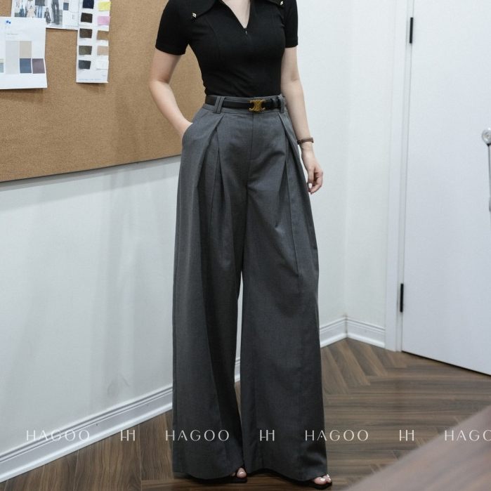 HAGOO กางเกงขายาวทรงตรง เอวสูง ลุคทำงานสุภาพ [Q955]