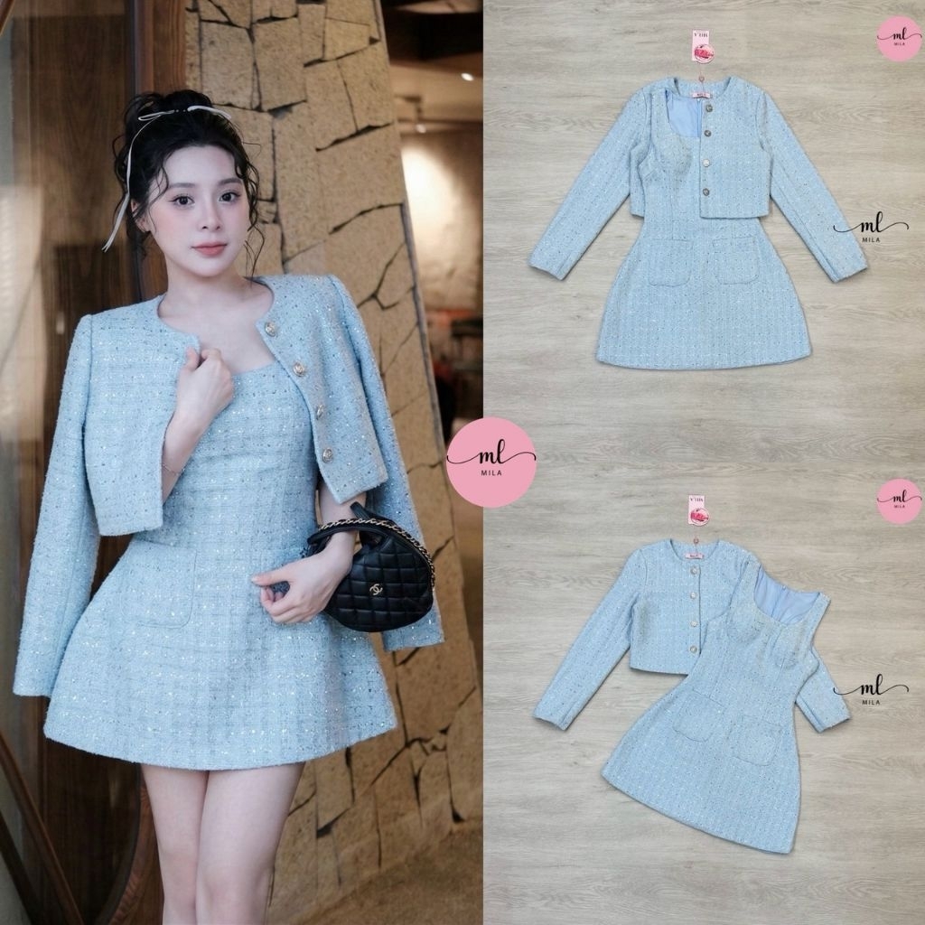 XS S M L XL มือ1 MILA มินิเดรสแขนกุดผ้าทวิตสีฟ้า แต่งเกล็ดเลื่อมเล็กๆ มาพร้อมคลุมแขนยาว ใส่สวยสุดๆ ป้าย MILA