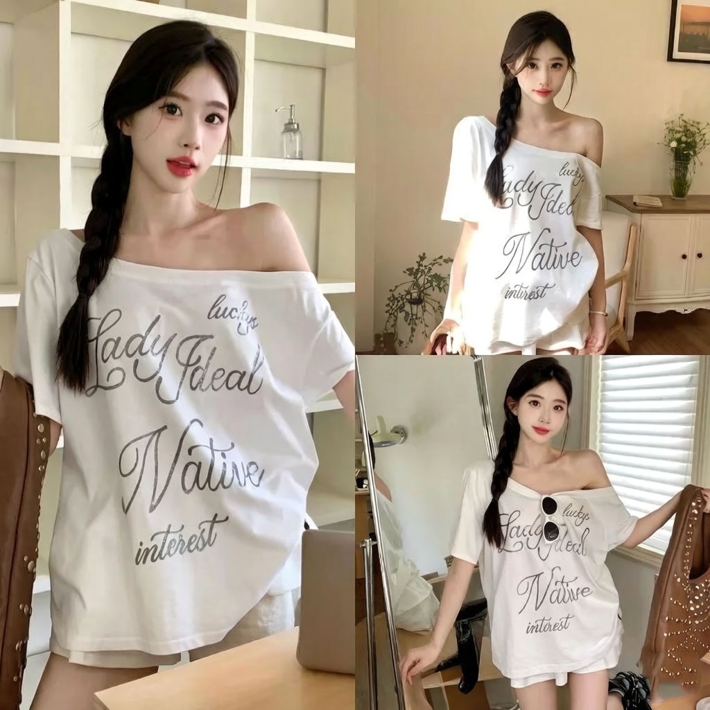 KKS พร้อมส่ง เสื้อยืดผู้หญิง หุ่นดี เปิดไหล่ แขนสั้น ผ้าคอตตอน ทรงหลวม ลุคเซ็กซี่ ใส่เที่ยว #02098
