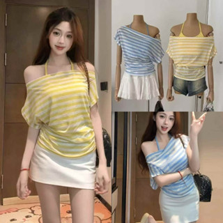 📍พร้อมส่ง📍9115# Set 2 pcs เสื้อคอกว้าง ลายริ้ว + เสื้อบราผูก…