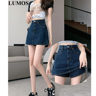 LUMOS 🌷กางเกงยีนส์ขาสั้นทรงหลวมสีน้ำเงินเข้ม สไตล์วินเทจ ไซส…
