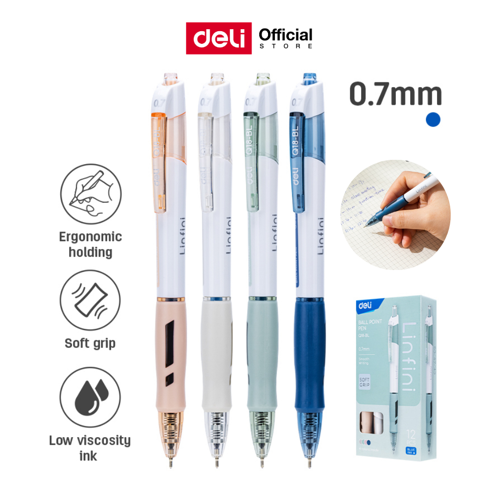 ปากกาลูกลื่นแบบกด Deli รุ่น EQ18 หมึกน้ำเงิน เขียนลื่น เส้นไม่ขาด ขนาดเส้น 0.7mm (คละสีด้าม/1 แท่ง)