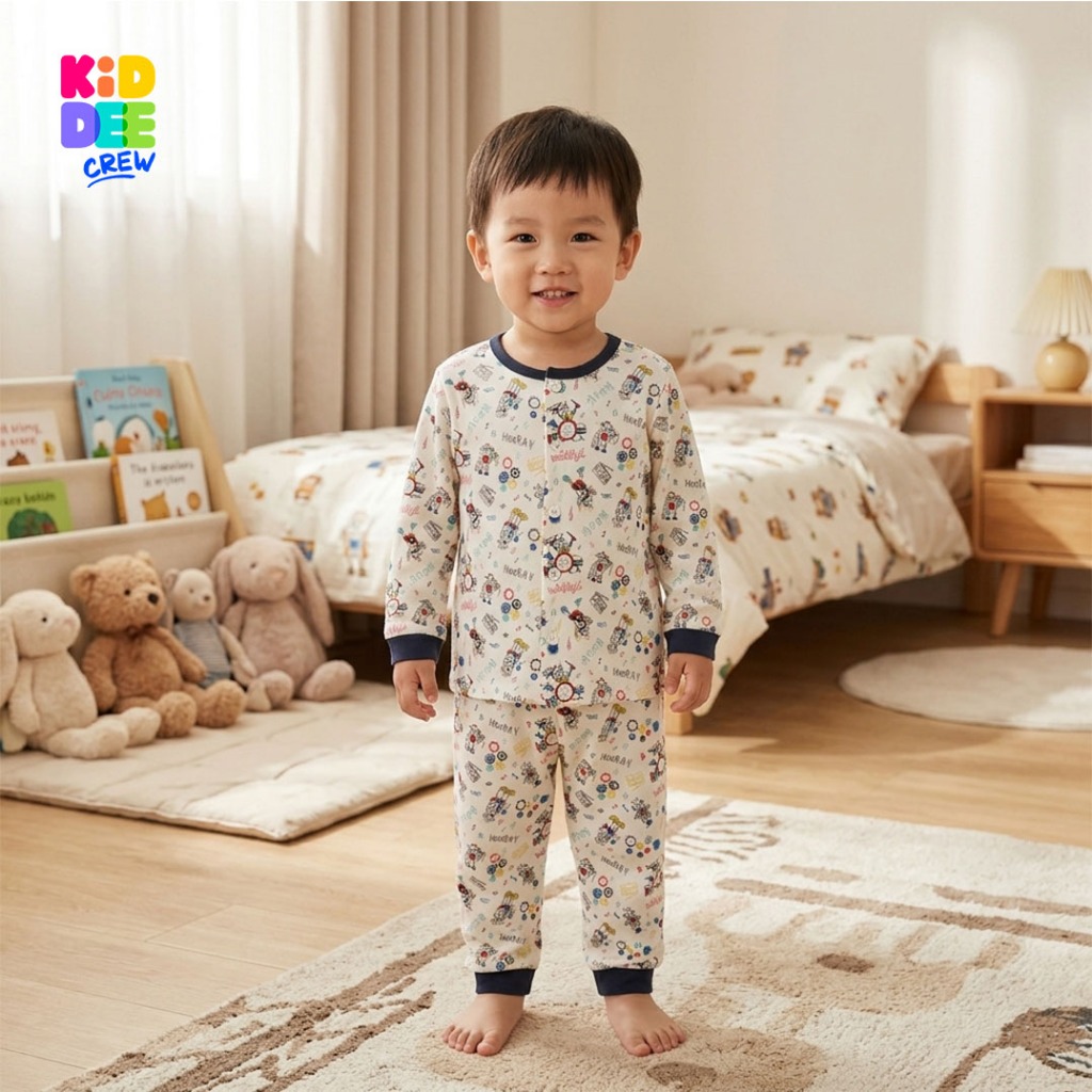 KiddeeCrew ชุดนอนเด็ก สีครีมลายหุ่นยนต์ กุ้นคอสีดำ ผ้าแซนวิช เหมาะสำหรับอายุ 1-14 ปี